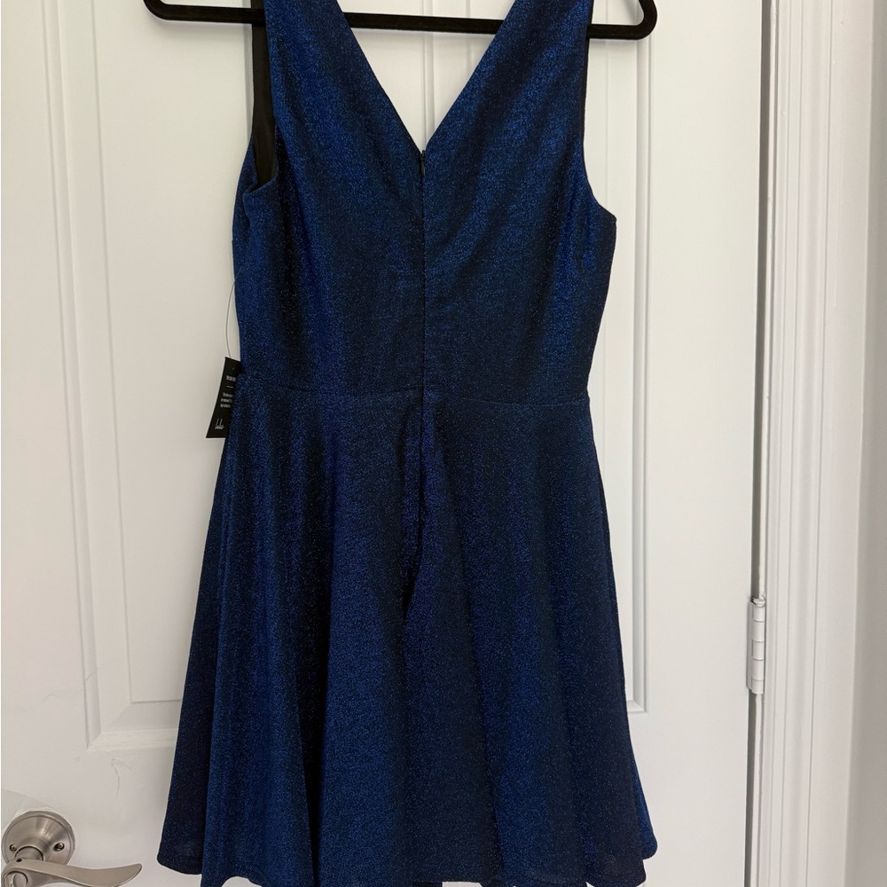 NWT Lulus Best Date Ever Blue Metallic Skater Mini Dress - Size M - Picture 3 of 5